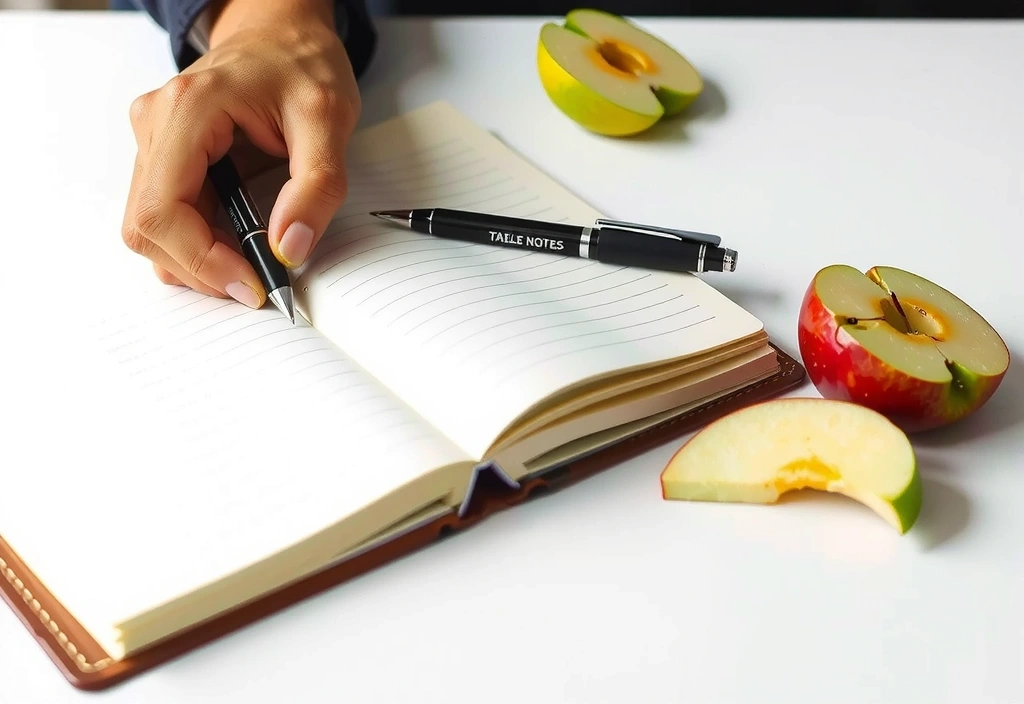 Hand schreibt Notizen in ein Notizbuch über Ernährung
